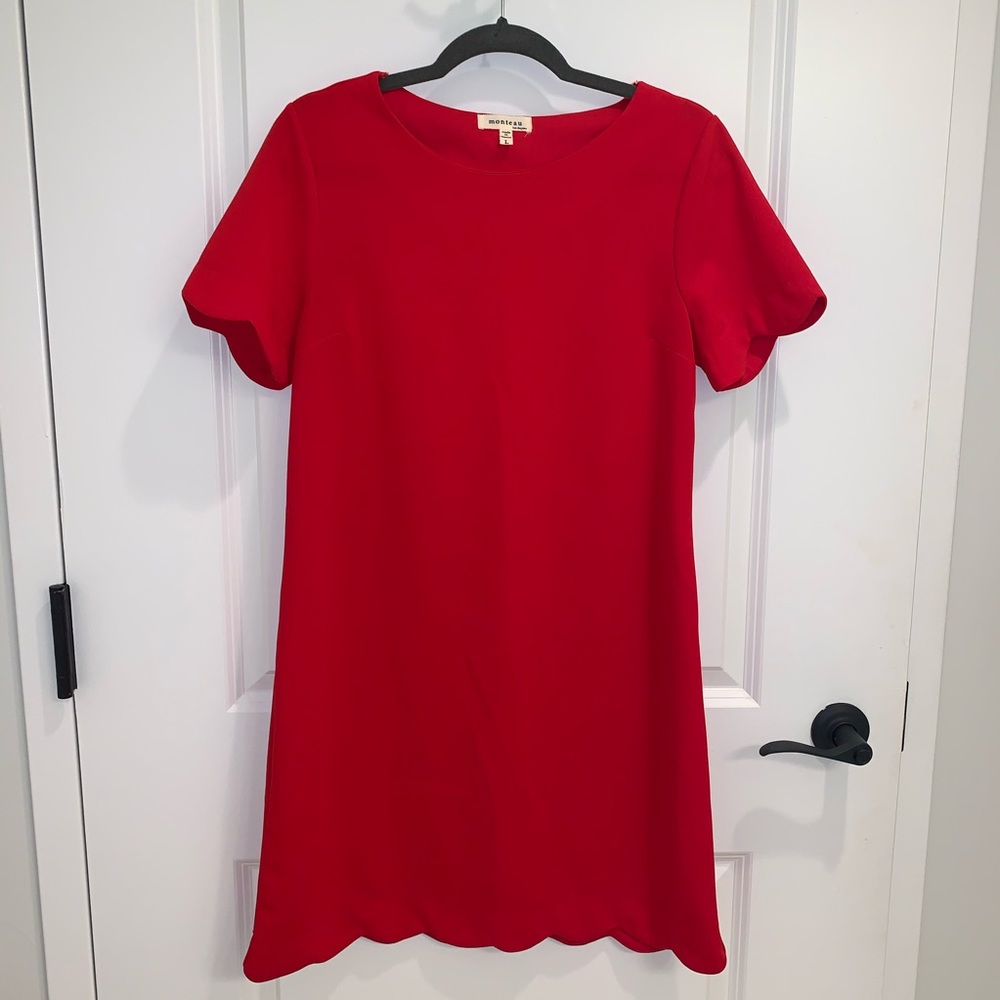 Monteau Red Scalloped Hem Shift Dress Size Large